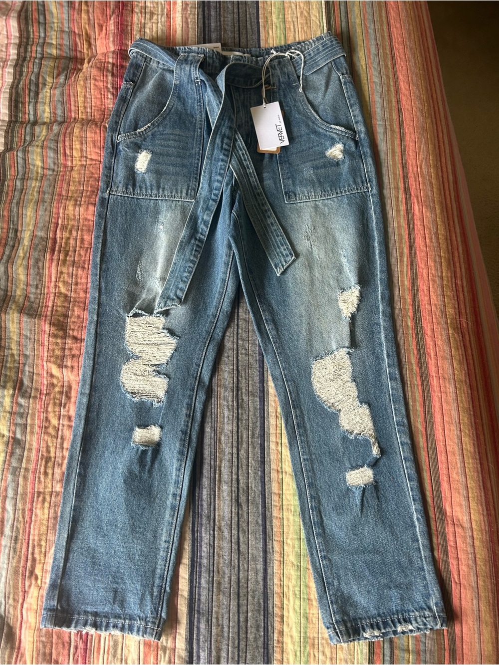 Distressed Blue Women's Boyfriend Jeans with Tie Waist